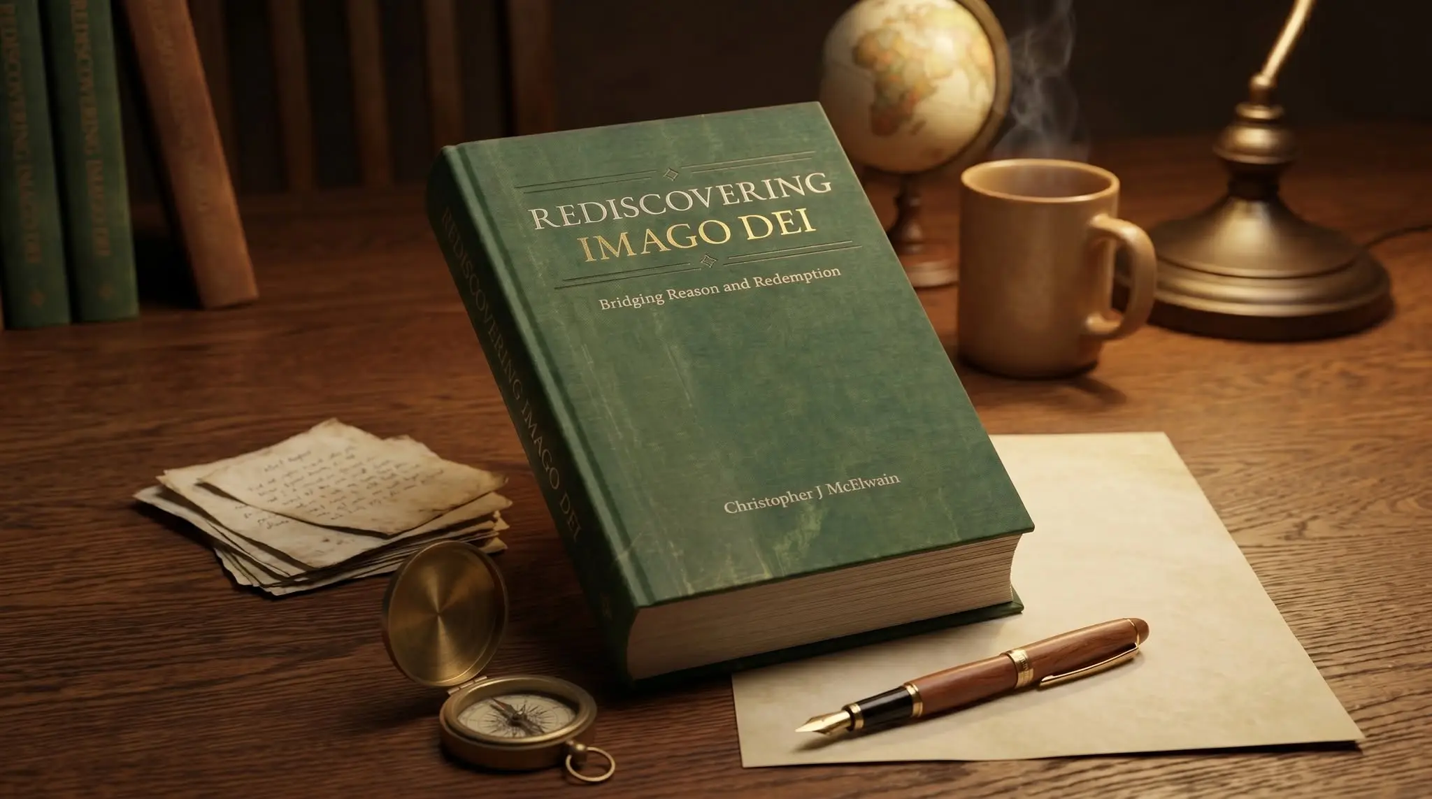 The hardcover of Rediscovering Imago Dei standing on a wooden desk in warm lamplight, beside a globe, a cup of coffee, an open brass compass, a fountain pen and a small stack of handwritten pages.